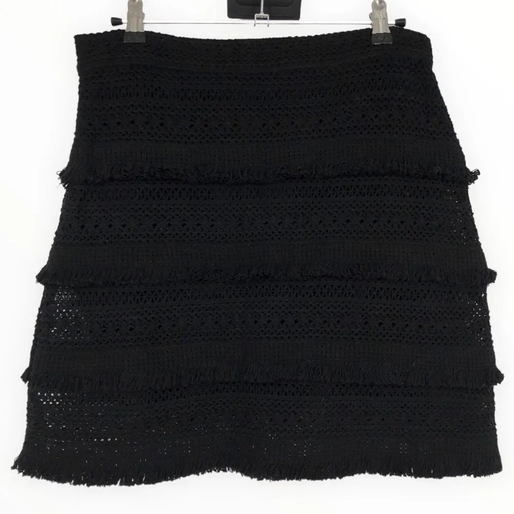 Joie Serena Fringe Mini Skirt in Black Caviar Woven Knit Loop Trim size 4 NWT